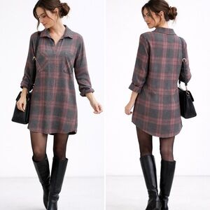 Cloth & Stone Plaid Flannel Tunic Shirt Dress Soft Button Front Pockets XS💛